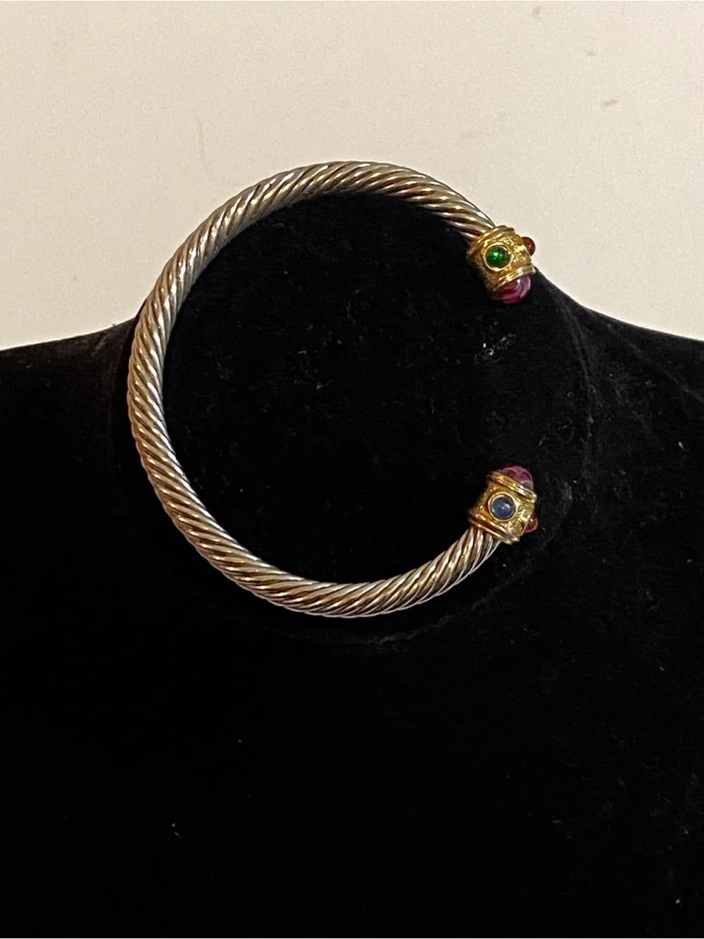 Twisted Silver Tone Open Cuff Bracelet with Multicolor Cabochons
